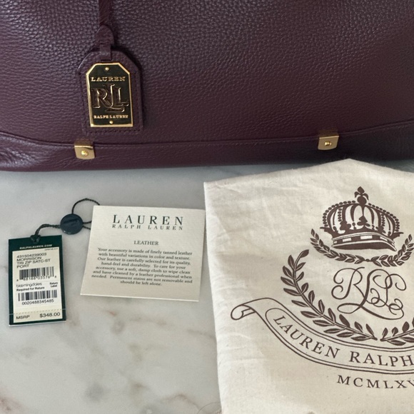 Ralph Lauren pebble leather burgundy bag with gold accents dust bag and tag - Picture 6 of 7